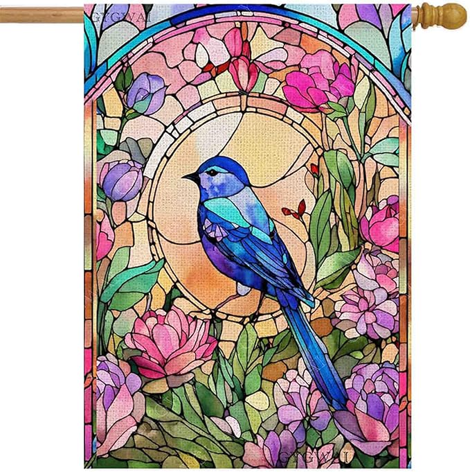 Stained Glass Hummingbird Garden Flags for Outside Spring Summer House Flag Flowers Large Burlap Yard Flag 28x40 Inch Double Sided Seasonal Outside Decoration