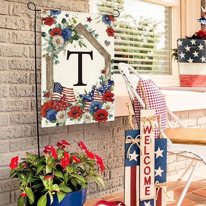 AVOIN colorlife Initial Letter T Monogram Patriotic Garden Flag 12x18 Inch Double Sided Outside, 4th of July Memorial Day Floral Family Last Name Yard Outdoor Decoration
