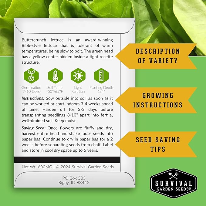 Buttercrunch Lettuce Seeds for Planting - Crisp Bibb Butter Lettuce Seeds for Gardens, Heat Tolerant High Yield Heirloom Non-GMO Variety - Survival Garden Seeds (1 Pack)