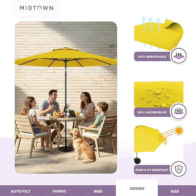 Midtown Umbrellas - 10-Year-No-Fade 6 Ft Patio Umbrella with Terylast Fabric, Auto-Tilt Aluminum Frame and 8 Reinforced Ribs for Deck, Pool, Garden & Beach - Sunflower Yellow Canopy, Black Pole