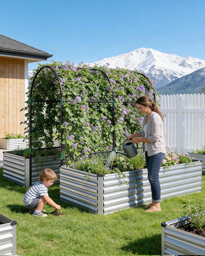 Raised Garden Bed with Arch Trellis for Climbing Plants,Galvanized Raised Garden Bed, Planter Boxes Outdoor for Vegetables Flowers Herb,269 Gallon Capacity Silver