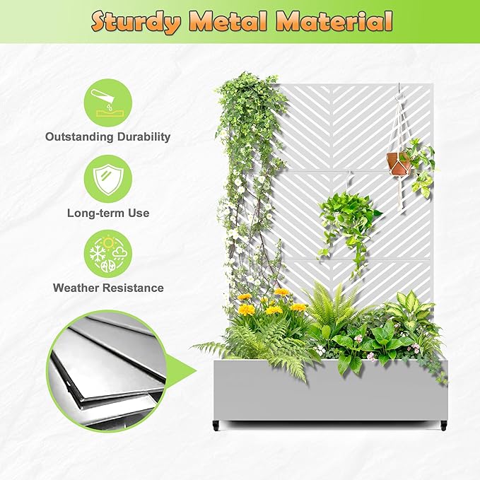 Metal Raised Garden Bed with Trellis, 2-in-1 Planter Box & Privacy Screen for Climbing Plants, Outdoor Standing Flower Bed with Drainage Holes, 47.2" L x 16.7" W x 70.8" H, White-Parallel