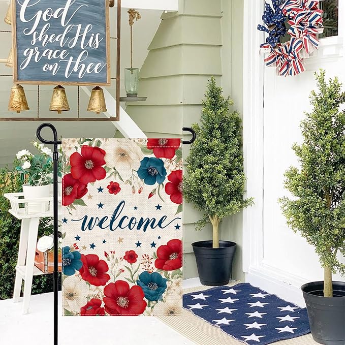 Patriotic Floral Welcome Garden Flag 12.5x18 Inch, Double Sided Burlap Red White Blue Flower Outdoor Yard Flag for Front Porch 4th of July Memorial Day Farmhouse Decor