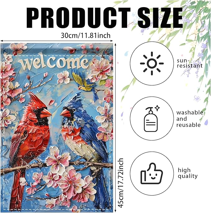 Nuxovilar Garden Flag Banner Cardinal Pair & Cherry Blossom Design 12x18in Polyester Garden Flags for Outside Yard Patio