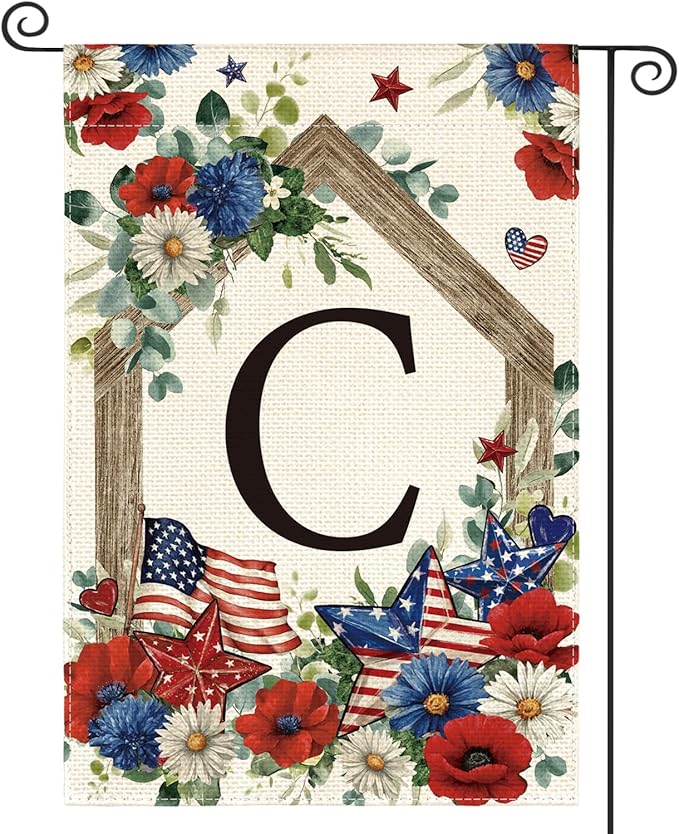 AVOIN colorlife Initial Letter C Monogram Patriotic Garden Flag 12x18 Inch Double Sided Outside, 4th of July Memorial Day Floral Family Last Name Yard Outdoor Decoration