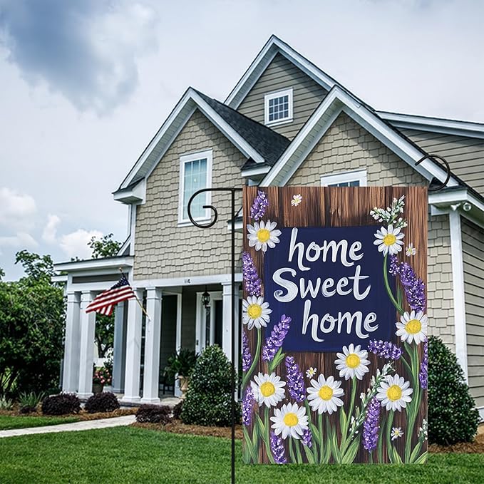 BlissYard Home Sweet Home Garden Flag 12x18 Inch Welcome Yard Flag with Daisy and Lavender Flowers Double Sided Outdoor Floral Banner for Porch Patio Spring Summer Garden Decor