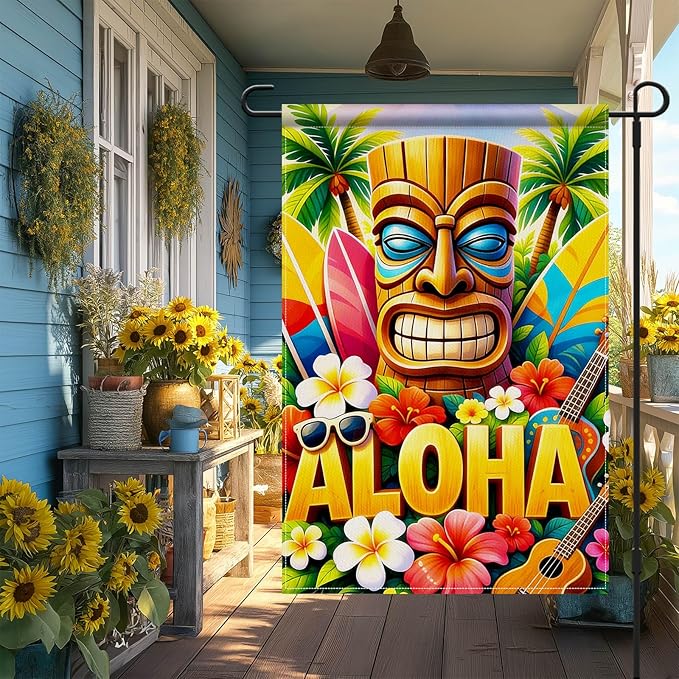 IVN Tiki Surf Aloha Beach Garden Flag 12x18 Burlap Surfboards Ukulele Sunglasses Palm Trees Double Sided Summer Outdoor Yard House Flag for Outside Home Front Door Lawn Porch Patio Welcome Summer Decor