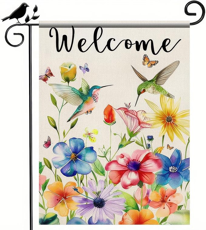 BlissYard Spring Summer Welcome Garden Flag 12 x 18 Inch Double Sided Hummingbird Spring Flowers Yard Flag Sparrow Bird Seasonal Yard Holiday Outdoor Flag Home Decor