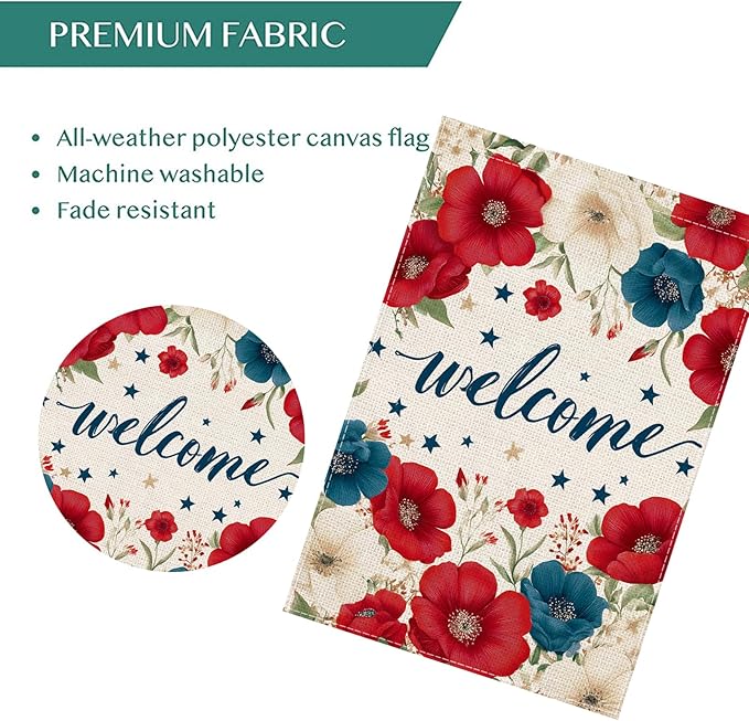 Patriotic Floral Welcome Garden Flag 12.5x18 Inch, Double Sided Burlap Red White Blue Flower Outdoor Yard Flag for Front Porch 4th of July Memorial Day Farmhouse Decor