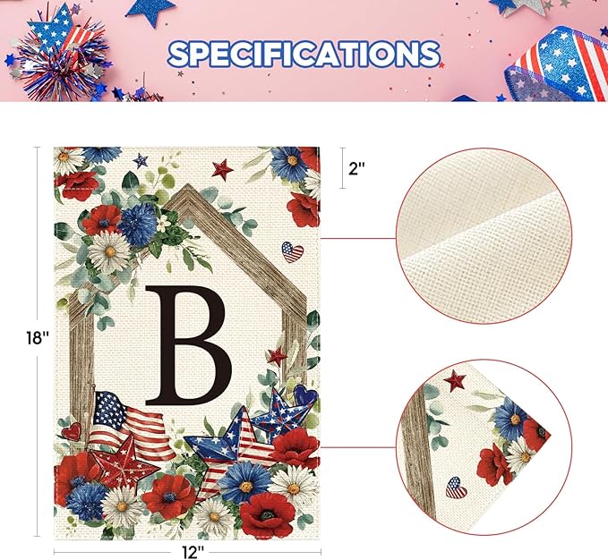 AVOIN colorlife Initial Letter B Monogram Patriotic Garden Flag 12x18 Inch Double Sided Outside, 4th of July Memorial Day Floral Family Last Name Yard Outdoor Decoration