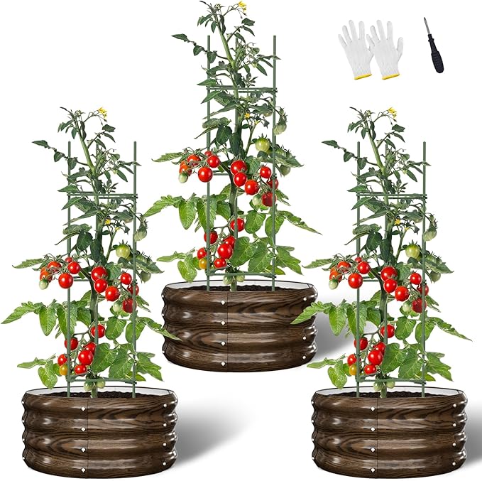 DoCred 3 Pack 2x2x1Ft Round Galvanized Raised Garden Bed, Metal Garden Bed Outdoor with Tomato Cages for Gardening, Above Ground Planter Box for Plants Vegetables Herbs Flowers, Wood Grain