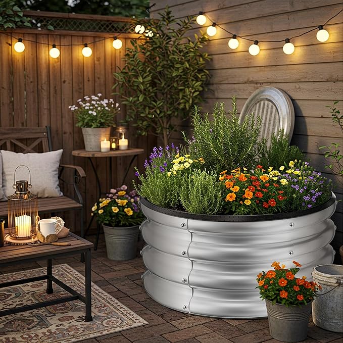 ZXZYHFTY Round Galvanized Raised Garden Bed kit,Silver Outdoor Garden Raised Planter Box, Round Large Metal Raised Garden Beds for Vegetable 2 * 2 * 1ft 1 Pack