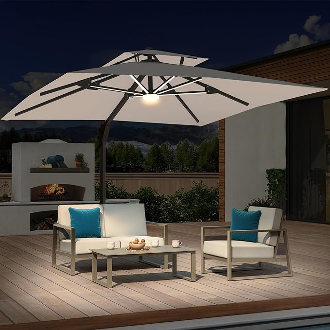10x10 FT Cantilever Patio Umbrella with Base and Led Lights Double Top Outdoor Square Large Heavy Duty Aluminum Offset Umbrellas with 7 Level Tilt 360-degree Rotation for Pool Garden Deck, Fog Grey