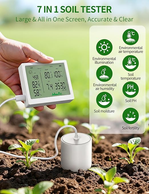 7 in 1 Soil Meter, Digital Soil Test Kit of PH/Sunlight/Fertility/Soil & Air Temp, Humidity Meter for Indoor & Outdoor Plant, Growing Environment Tester with Large LCD Display for Farm, Garden & Lawn