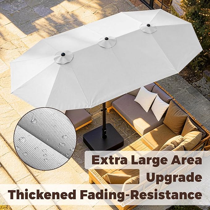 15FT Large Patio Umbrella with Base Included, Outdoor Deck Standing Umbrella with Crank Handle, Double-Side Rectangular Pool Umbrella for Outside, Market, Patio, Light Gray