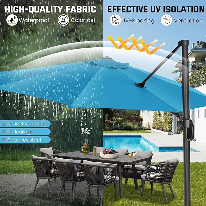 Hoteel 10ft Patio Umbrella Heavy Duty Aluminum Windproof & Shade Provision Outdoor Cantilever Round Offset Large Umbrella Height Adjustable with 360°Rotation for Patio Pool Deck Gazebo, Light Blue
