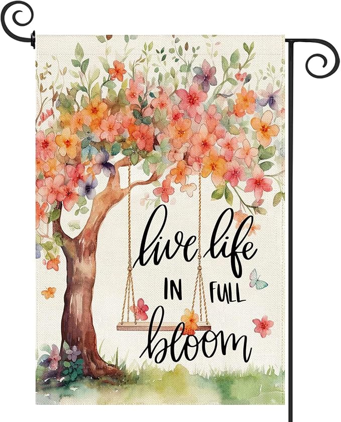 Baccessor Spring Summer Garden Flag, Flower Tree Swing Butterflies Floral Small Yard Flag Double Sided Burlap Welcome Flag for Outside Outdoor Decor 12.5 x 18 Inch