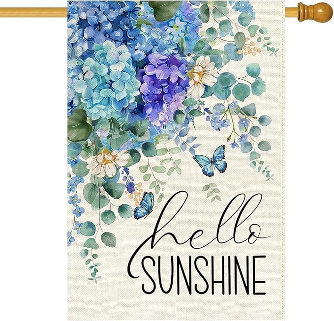 Baccessor Hydrangea House Flag 28 X 40 Inch, Blue Summer Double Sided Burlap Welcome Large Yard Flag Seasonal Holiday Lawn Proch Outdoor Outside Decor