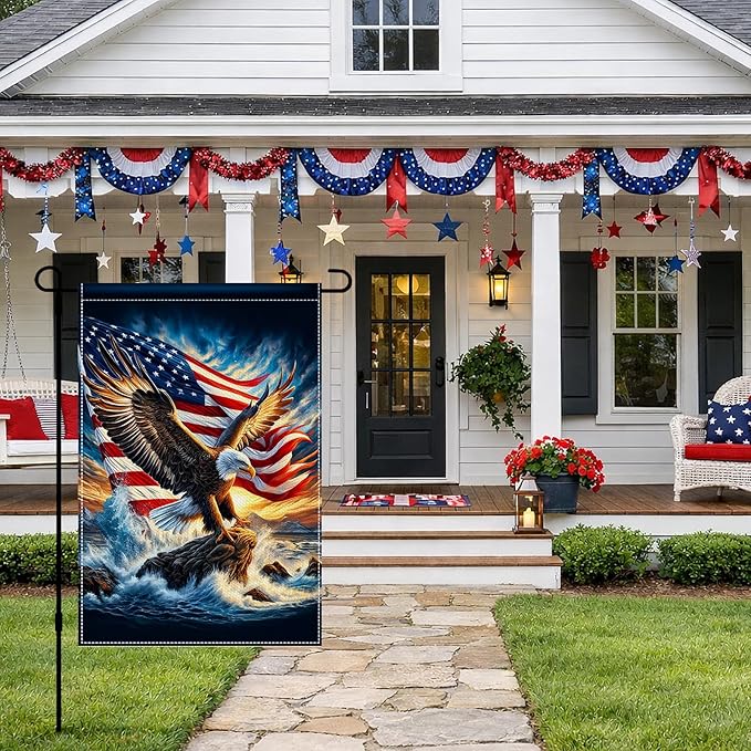 BlissYard Eagle Garden Flag 12x18 Inch Double Sided American Flag Bald Eagle Ocean Wave Burlap Garden Flag Farmhouse Yard Outdoor Banner for Porch Patio Lawn Independence Day Decoration