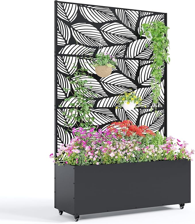 Garvee Metal Raised Garden Bed with Trellis and Wheels, 71"x47"x16" Metal Planter Box with Trellis Privacy Screen for Climbing Plants, Vegetable, Vines, Drainage Holes, 15.8" Deep Planting Bed,Black