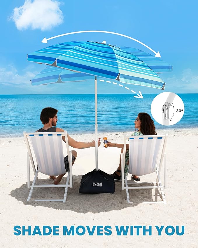 OutdoorMaster Beach Umbrellas for Sand with Sandbag & Anchor, 7.2ft Adjustable Umbrella for Beach Heavy Duty Wind, Portable UPF50+ Sunshade with Carry Bag for Patio