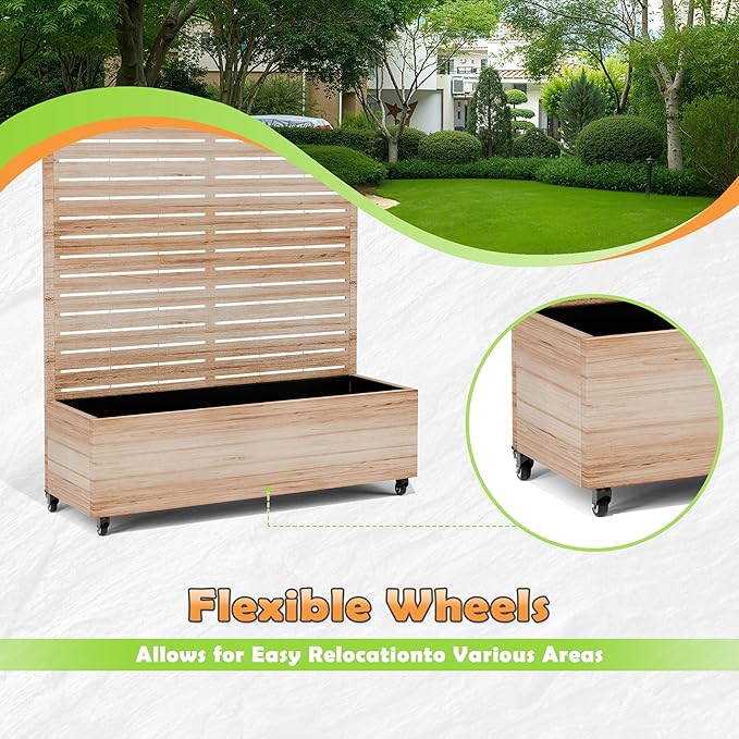 Metal Raised Garden Bed with Trellis, 2-in-1 Planter Box & Privacy Screen for Climbing Plants, Outdoor Standing Flower Bed with Drainage Holes, 47.2" L x 16.7" W x 70.8" H, Acacia Wood Grain