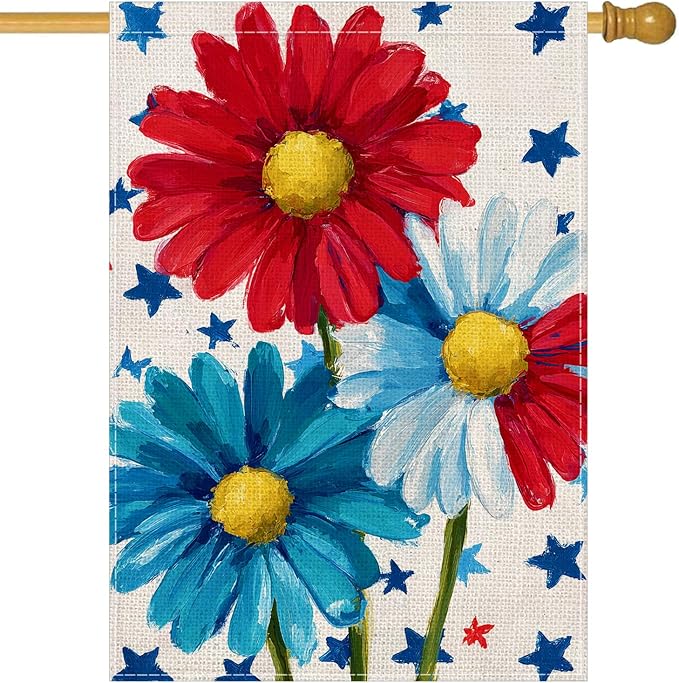 Patriotic Red White Blue Daisy House Flag 28x40 Inch, Double-Sided Floral Burlap Large Yard Flag, Rustic American Stars Flower Outdoor Flag for Porch Independence Day Decor