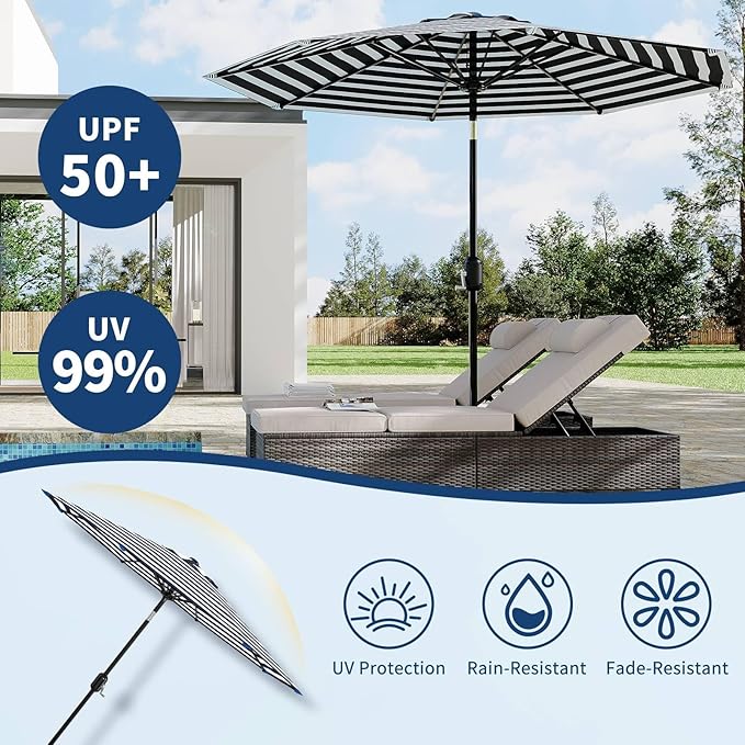 9 ft Patio Umbrella - 8 Sturdy Ribs Outdoor Table Umbrella with Crank Lift & Push Button Tilt - Market Umbrella for Pool, Deck, Yard, Garden - Black & White Stripe