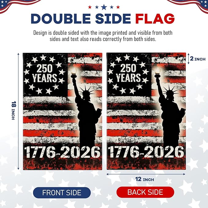 250th Anniversary America Garden Flag, 12x18 Inch Double Sided Design, 1776-2026 USA Yard Decoration for Independence Day