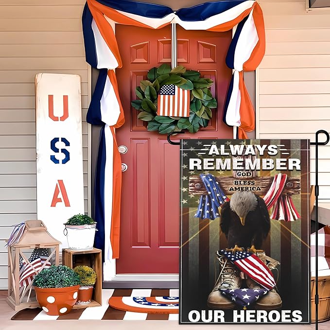 Memorial Day Garden Flag 12x18 Inch Always Remember Our Heroes Garden Flag 4th of July Independence Day Veterans Day Flag 3ply Polyester Double Sided for Outdoor House Yard Patriotic Holiday Decor