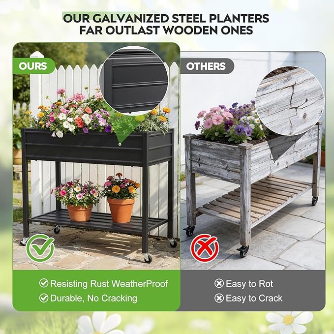 ZORMY 32" Tall Galvanized Raised Garden Bed with Legs Wheels & Shelf, Elevated Planter Box Outdoor for Vegetables, Herbs & Flowers, Patio & Backyard, Garden Bed with 400lb Capacity，Black