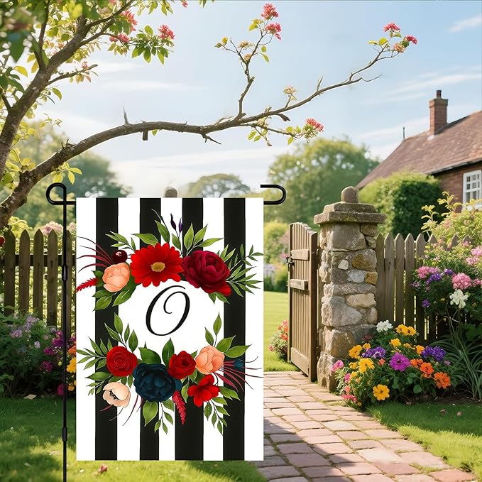 IVN Spring Floral Garden Flag With Mixed Flowers Letter O And Black And White Stripes Flower Circle Garden Flag Double Sided 12x18 Inch Vertical Farmhouse Yard Outdoor Decoration
