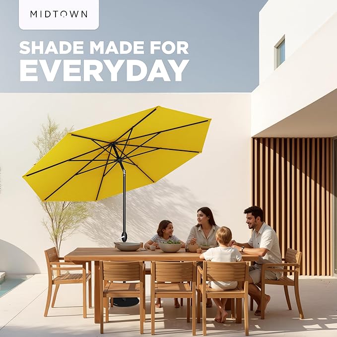Midtown Umbrellas - 10-Year-No-Fade 6 Ft Patio Umbrella with Terylast Fabric, Auto-Tilt Aluminum Frame and 8 Reinforced Ribs for Deck, Pool, Garden & Beach - Sunflower Yellow Canopy, Black Pole