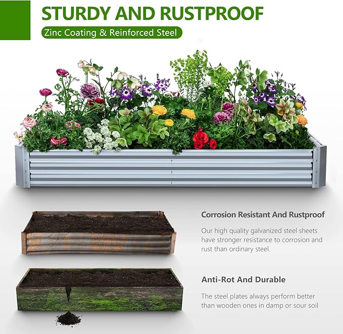 8×4×1FT Galvanized Raised Garden Bed Kit, PETNOZ Easy Quick Setup Raised Garden Boxes Outdoor With Metal Stake To Fix, Optional Size Rustproof Planter Box With No Bottom For Vegetables, Flowers, Herbs