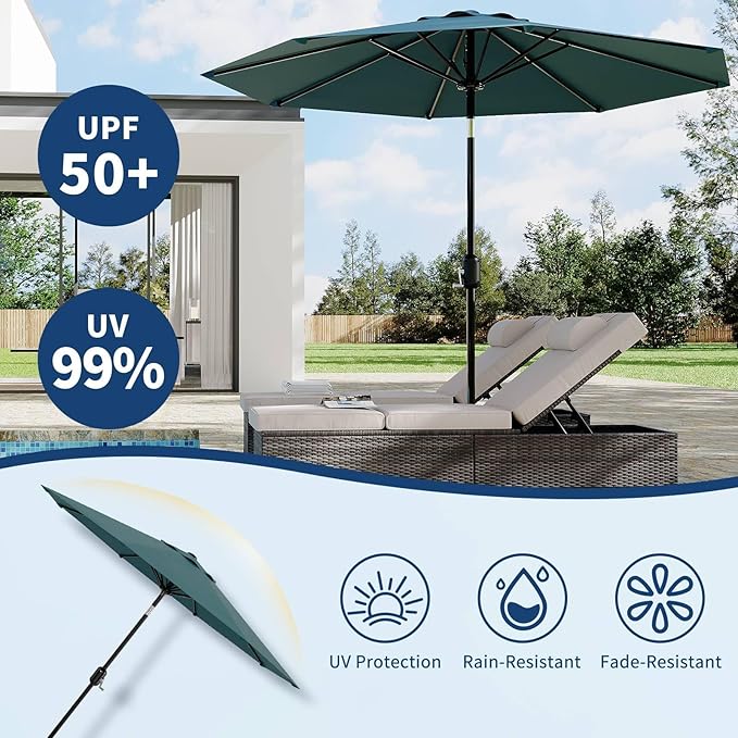 9 ft Patio Umbrella - 8 Sturdy Ribs Outdoor Table Umbrella with Crank Lift & Push Button Tilt - Market Umbrella for Pool, Deck, Yard, Garden - Turquoise