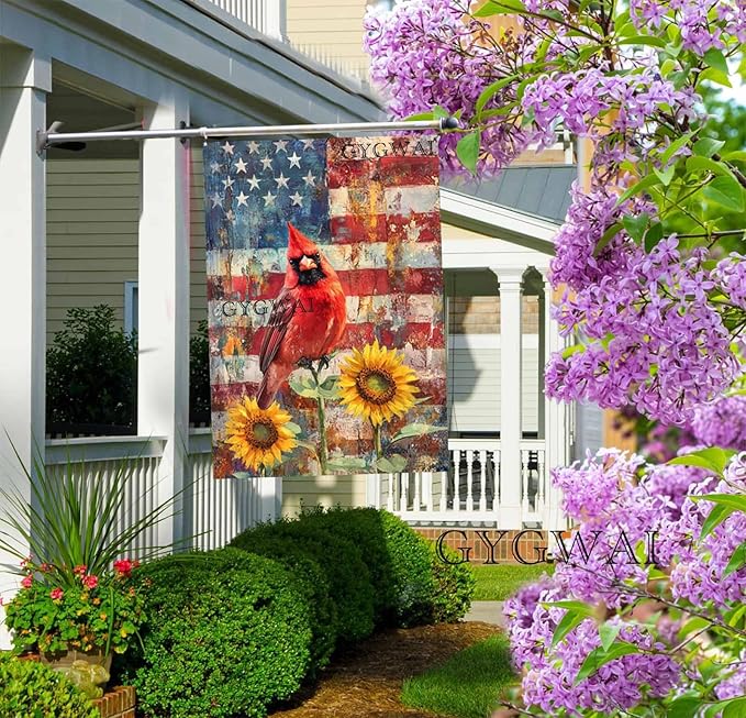Cardinal Bird House Flag 28x40 Inch Double Sided, Patriotic 4th of July Sunflowers American Burlap Yard Flag for Memorial Day Independence Day Holiday Outside Decorations