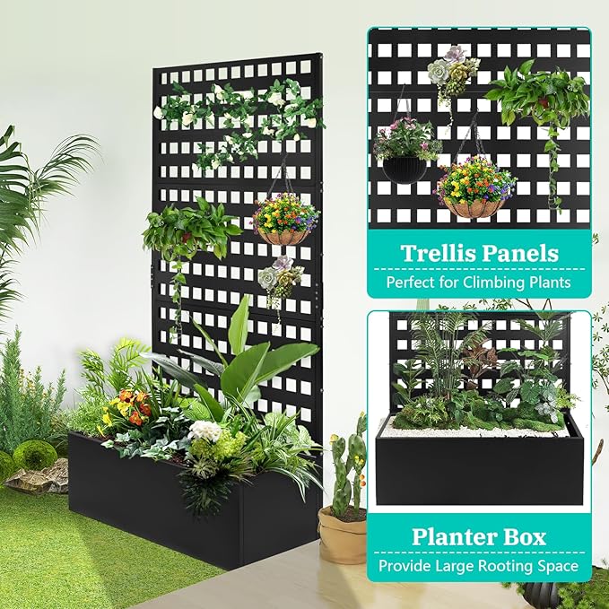 Metal Planter Box with Trellis Raised Garden Bed with Drainage Holes， Privacy Planters for Patio as a Privacy Screen for Climbing Plants Outdoor (35x18x71Inch)