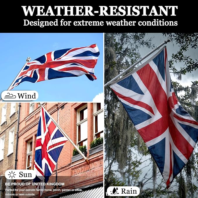 British Flag 3x5 Ft Tear-Shield 340D Polyester for Outdoor Double Sided Embroidered UK Flag National & Country Flag with Brass Grommets for Wall, Pole