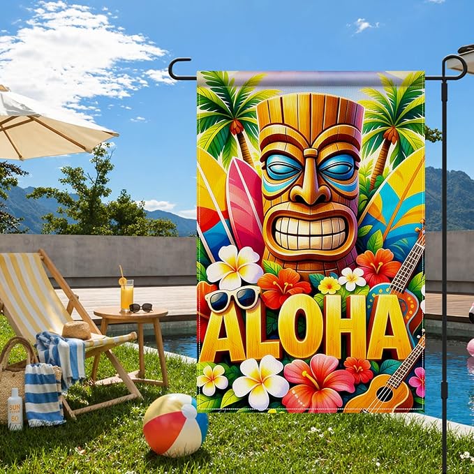 IVN Tiki Surf Aloha Beach Garden Flag 12x18 Burlap Surfboards Ukulele Sunglasses Palm Trees Double Sided Summer Outdoor Yard House Flag for Outside Home Front Door Lawn Porch Patio Welcome Summer Decor