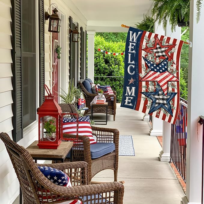 Welcome 4th of July House Flags for Outdoor, Patriotic American Stars and Stripes Large Yard Decorations, Decorative Decor for Summer 250th USA Anniversary Holiday Outside 28x40 Inch Double Sided