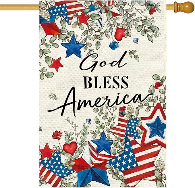 Baccessor Patriotic House Flag 28 X 40 Inch, Double Sided Burlap 4th of July Memorial Day Stars Floral Welcome Large Yard Flag for Porch Patio Seasonal Holiday Outdoor Outside Decor
