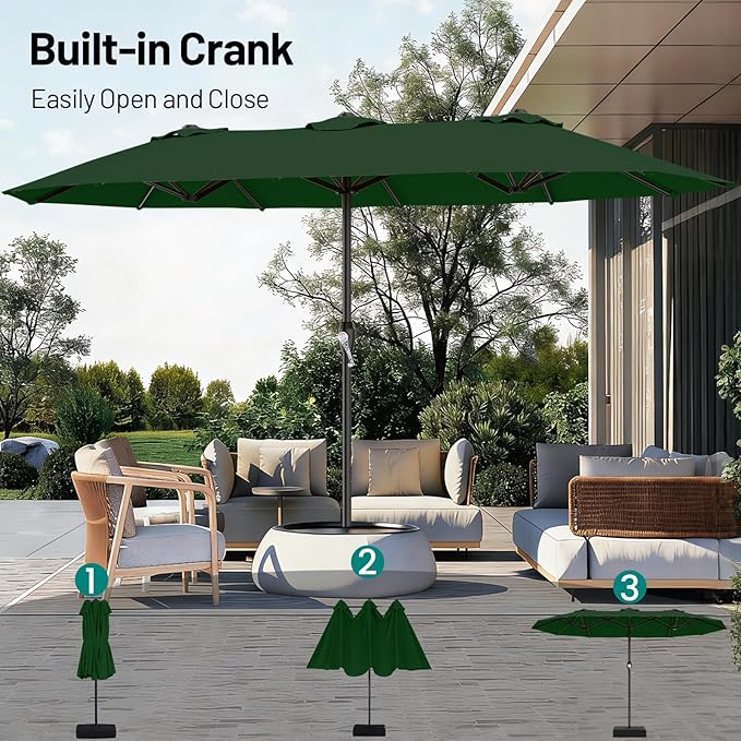 AreShark 15FT Outdoor Patio Umbrella with Crank, Large Rectangular Market Umbrella, Double-Sided Outdoor Umbrellas with Cross Base & Sandbag for Porch, Lawn, Pool, Backyard, Dark Green