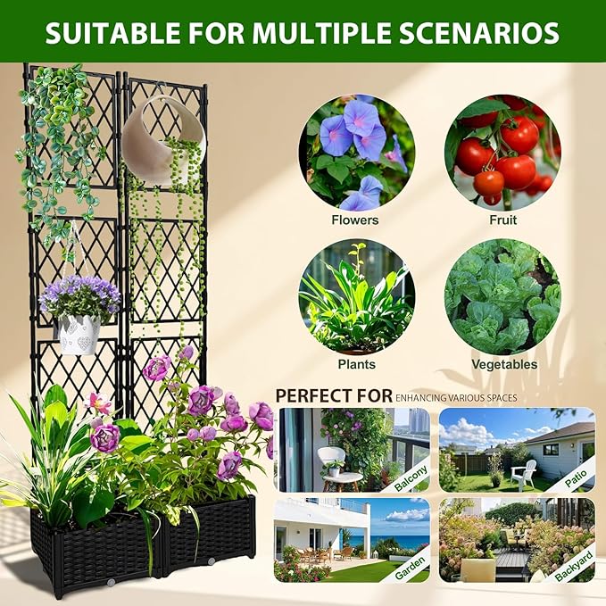 Planter with Trellis - Raised Garden Bed with Trellis 75.5"x31.5"x16", Privacy Screen Planter Box with Drainage Hole, Outdoor Raised Garden Bed for Climbing Plants