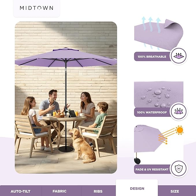 Midtown Umbrellas - 10-Year-No-Fade 6 Ft Patio Umbrella with Terylast Fabric, Auto-Tilt Aluminum Frame and 8 Reinforced Ribs for Deck, Pool, Garden & Beach - Purple Canopy, Black Pole
