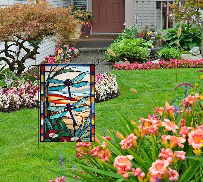 Spring Dragonfly Garden Flag 12x18 Inch Double Sided, Stained Glass Small Burlap Yard Flag for Summer Farmhouse Holiday Outside Decoration