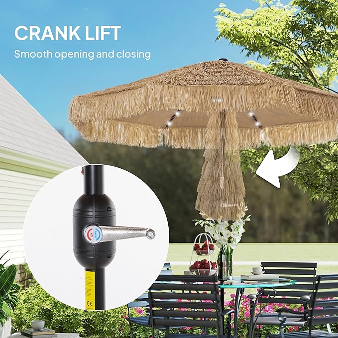 Outsunny 9 ft Hula Thatched Tiki Patio Umbrella with LED Solar Light, Tropical Hawaiian Style Outdoor Umbrella with Crank, Tilt, UPF30+, for Garden, Backyard, Deck, Pool, Khaki