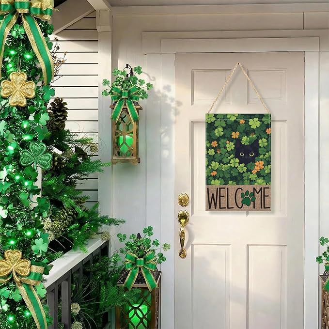 St Patricks Day Garden Flag, 12x18 Inch Double Sided Shamrock Black Cat Welcome Paw Print Design Home Decor Farmhouse Indoor Outdoor Yard Flag Decoration