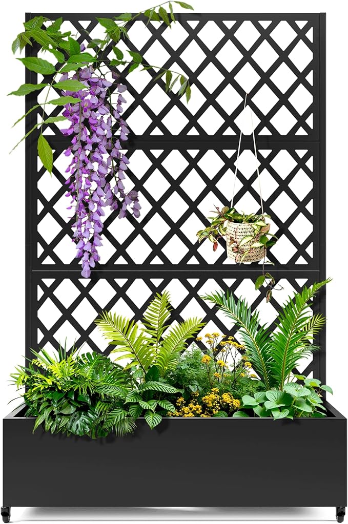 Metal Planter Trellis Box with Wheels & Drain Plug Outdoor Raised Garden Bed Patio Privacy Screen with Planter for Climbing Plants, Vegetables 73"x47"x16" Black-Diamond