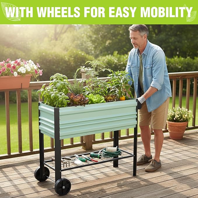 WORKPRO Galvanized Raised Garden Bed with Legs & Wheels, 37x14.6x31.6in, 400LB Capacity Elevated Planter Box for Garden, Backyard, Patio & Deck, Light Green