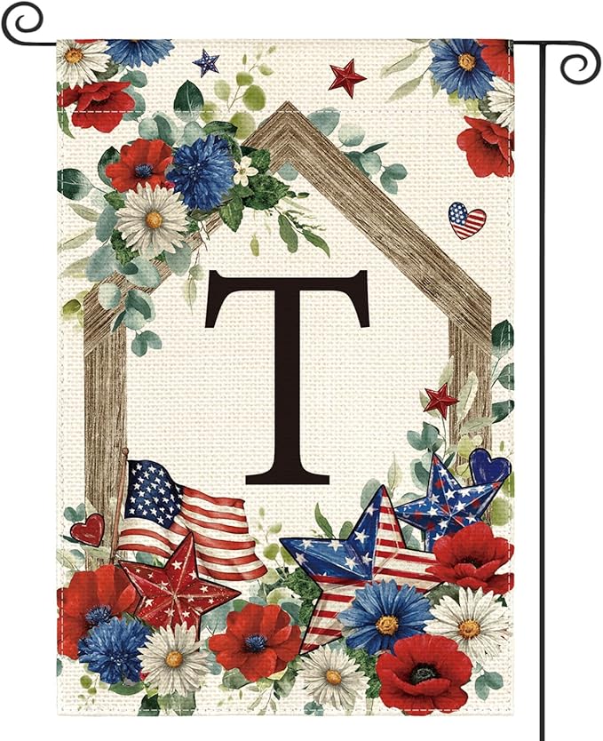 AVOIN colorlife Initial Letter T Monogram Patriotic Garden Flag 12x18 Inch Double Sided Outside, 4th of July Memorial Day Floral Family Last Name Yard Outdoor Decoration